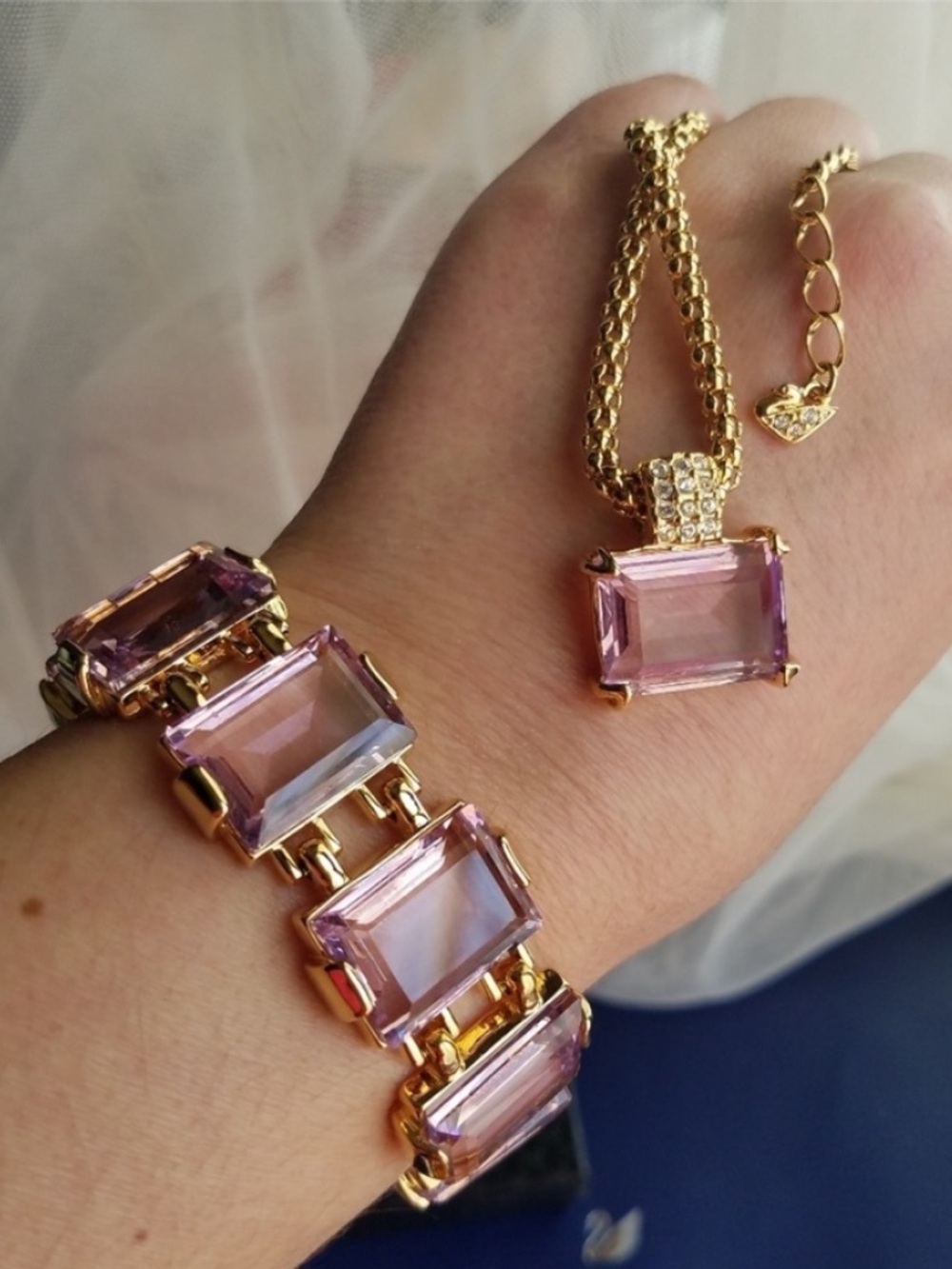 AUTHENTIC Swarovski Gold Plated Amethyst Necklace & Tennis Bracelet SET Vintage